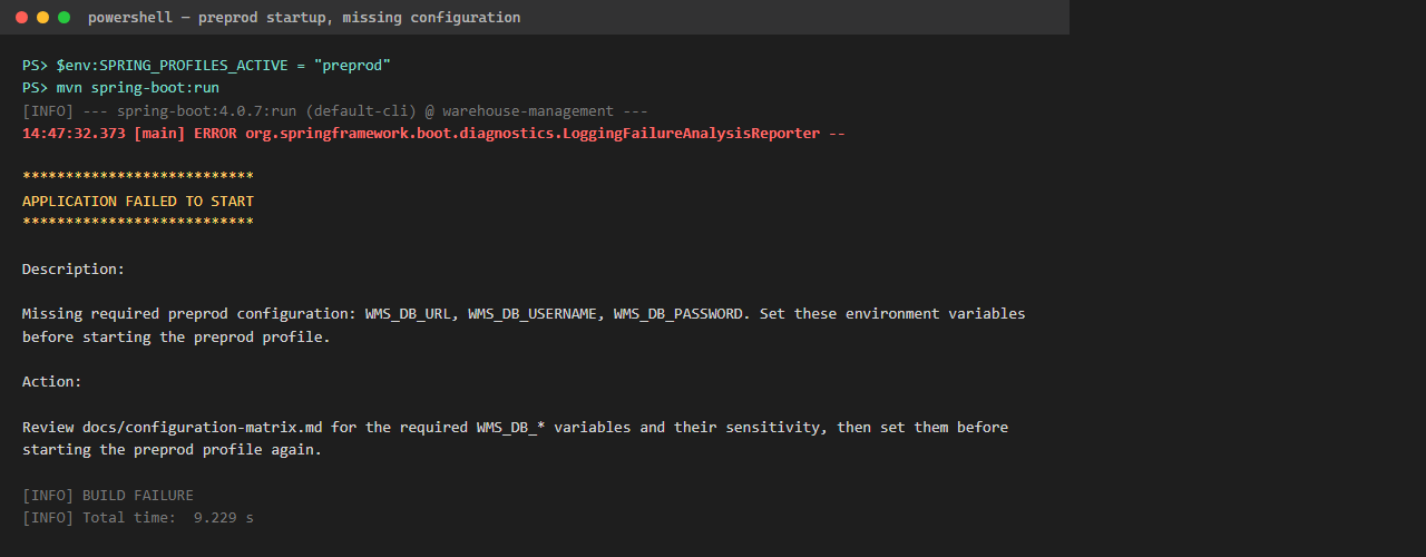 Preproduction startup validation reporting missing database configuration